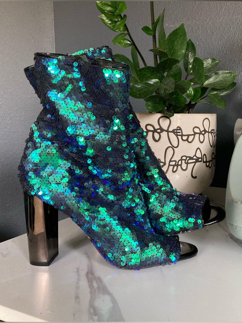 Mermaid Sequin Peep-Toe Ankle Boots